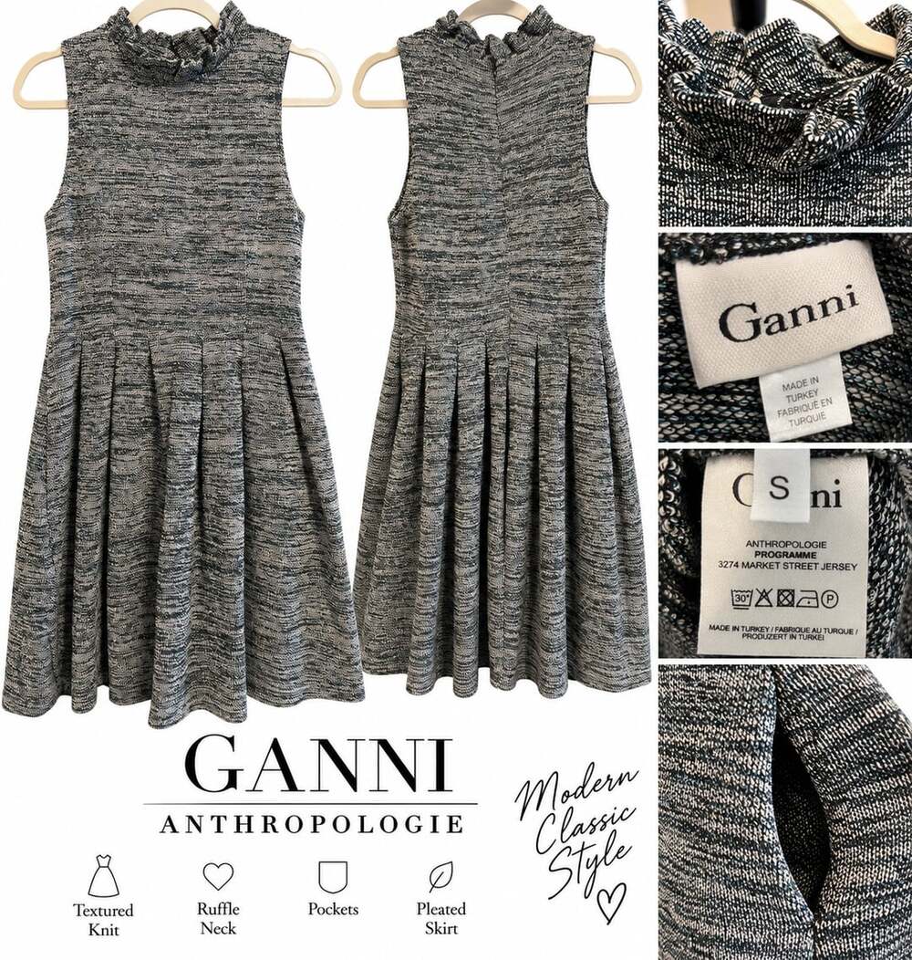 Ganni Anthropologie Dress Size S Gray Knit Ruffle Neck Pleated Skirt